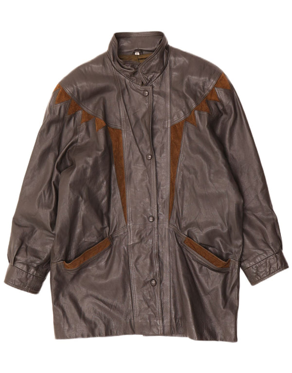 Casaco de couro superdimensionado feminino vintage EU 40 bloco de cores cinza médio