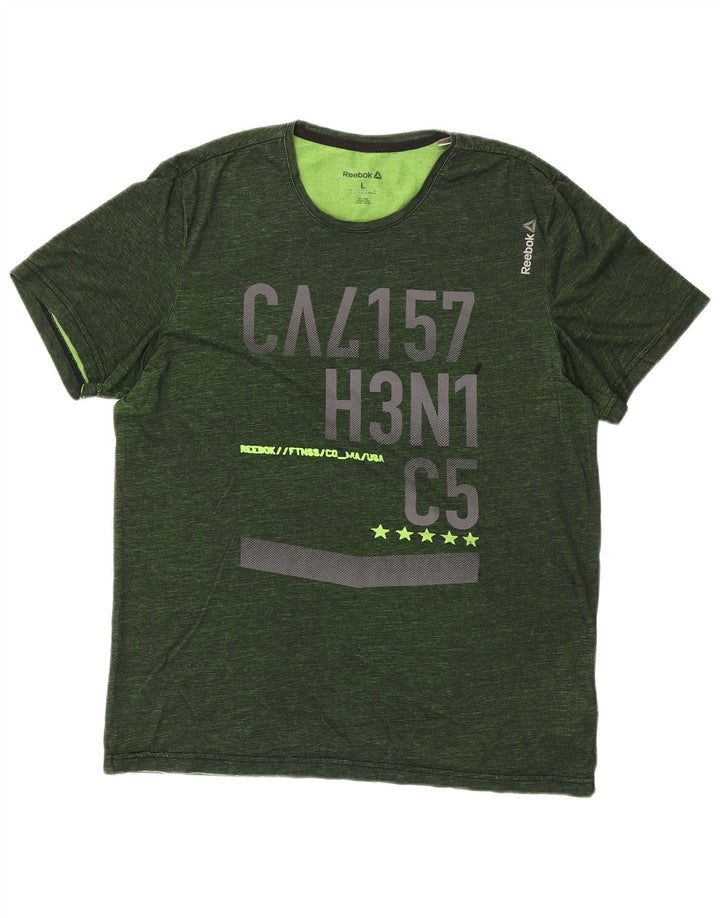 Camiseta gráfica masculina REEBOK Top grande de algodão cáqui salpicado