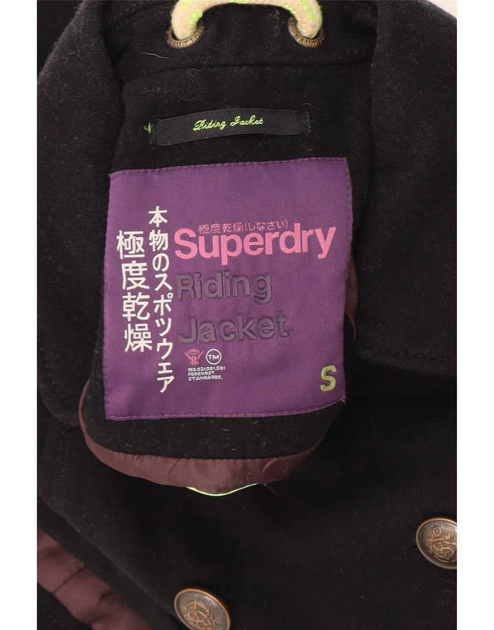Casaco feminino Superdry militar duplo breasted Reino Unido 10 lã preta pequena