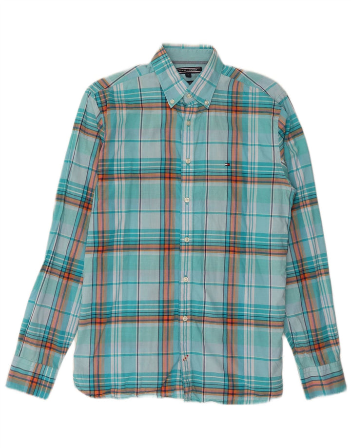 Camisa masculina Tommy Hilfiger pequena xadrez turquesa de algodão