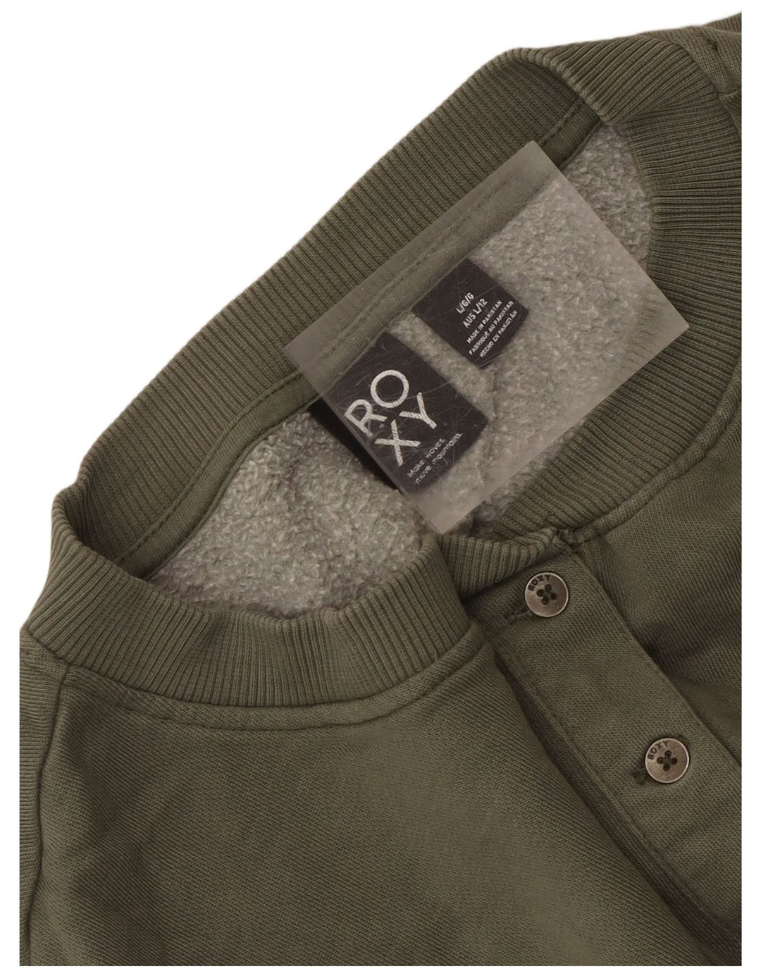 Suéter feminino Roxy com gola redonda e botão UK 16 grande algodão cáqui