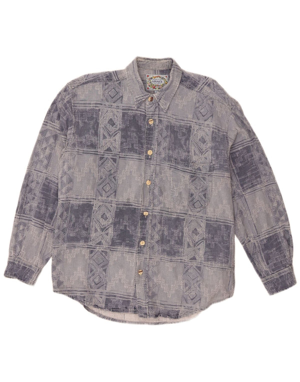 Flanela masculina vintage Camisa grande algodão geométrico azul