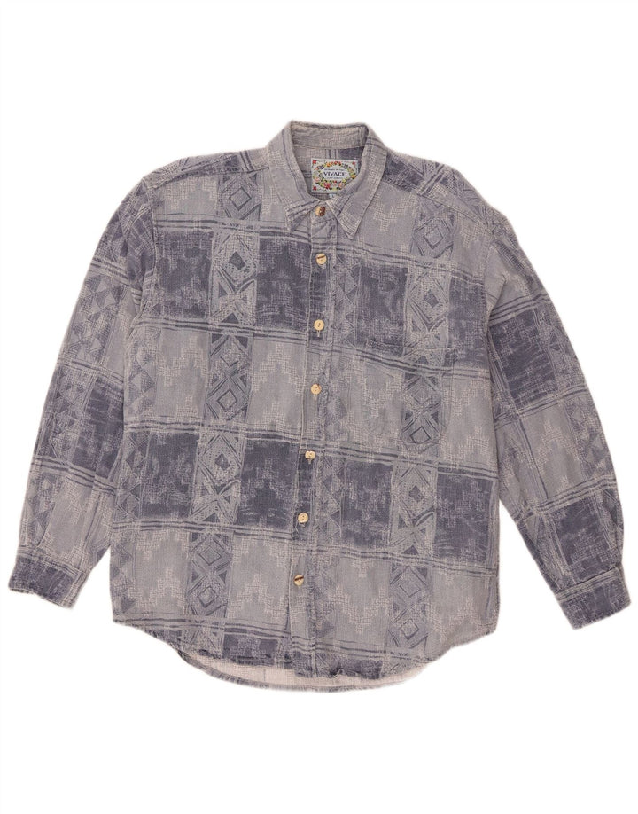 Flanela masculina vintage Camisa grande algodão geométrico azul
