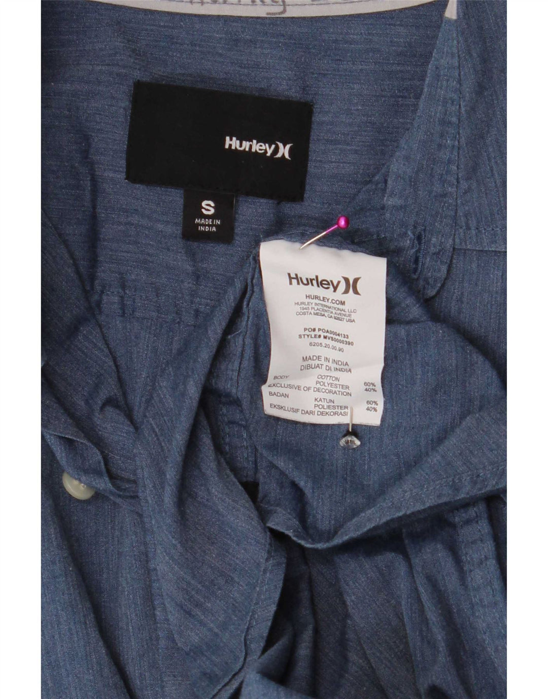 Camisa masculina Hurley de manga curta pequena azul algodão