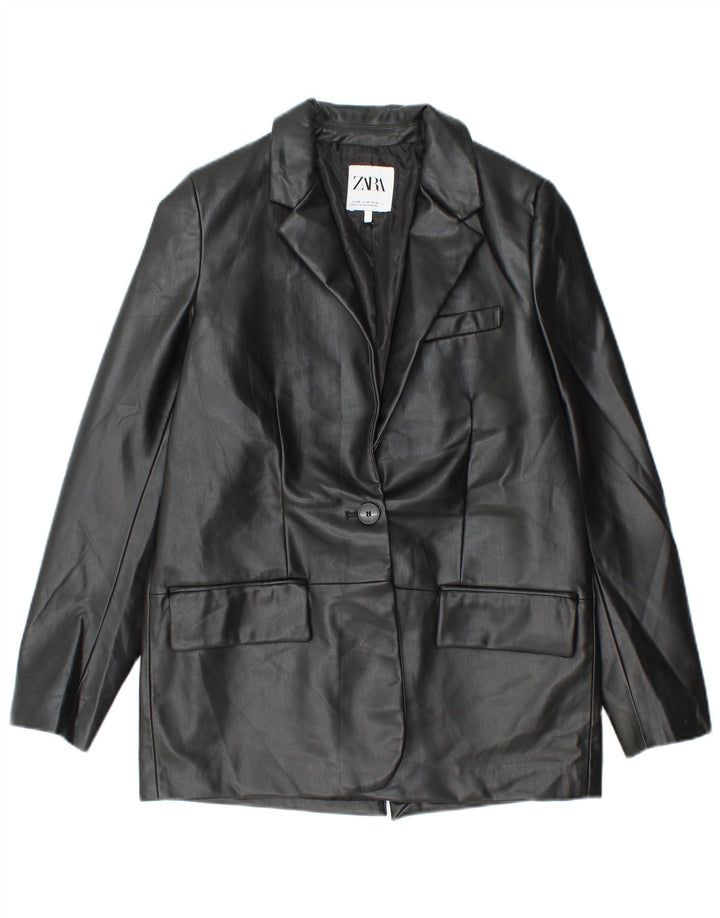 Jaqueta blazer feminina Zara com 1 botão de couro sintético Reino Unido 6 XS preto polietileno