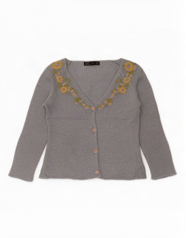 Suéter cardigã feminino Zara manga 3/4 Reino Unido 12 médio azul floral