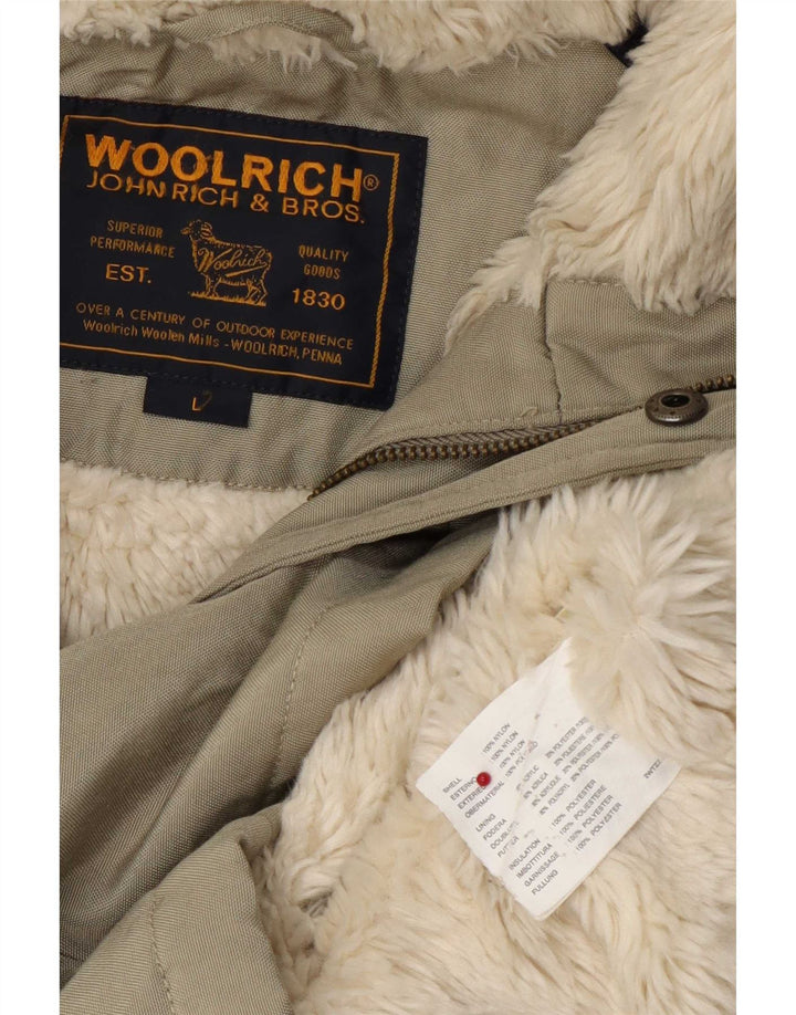 Jaqueta masculina Woolrich com capuz Shearling Reino Unido 40 grande cáqui nylon