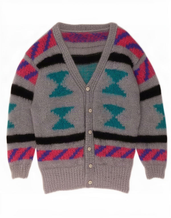 Suéter Cardigan Feminino Vintage Reino Unido 10 Pequeno Geométrico Cinza