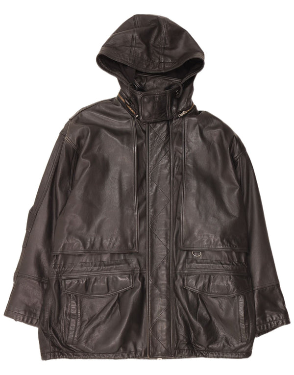 Casaco masculino de couro com capuz Andrew Marc UK 42 XL couro preto