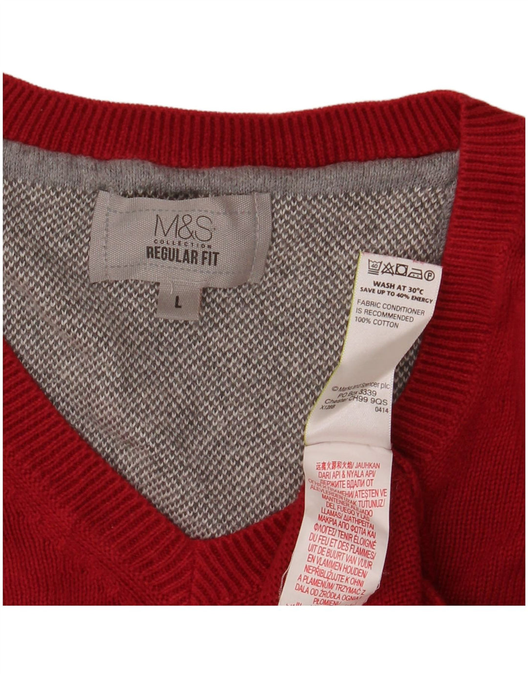 Suéter masculino MARKS & SPENCER com ajuste regular e decote em V, grande algodão vermelho