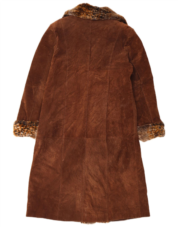 Sobretudo de camurça vintage feminino Reino Unido 14 grande couro marrom com estampa animal