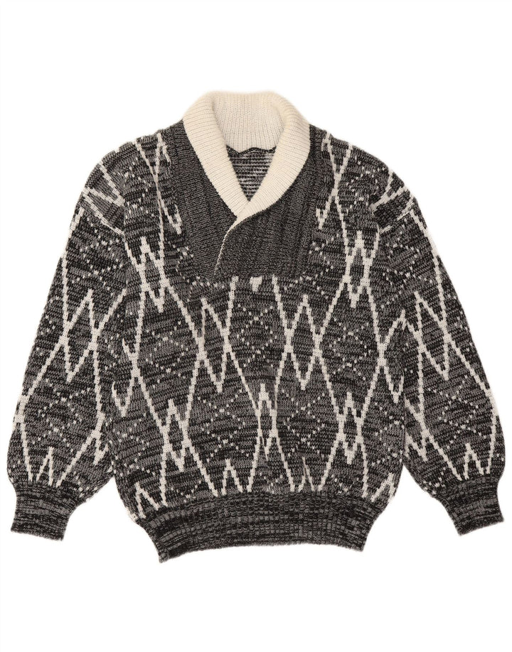 Suéter masculino vintage com gola xale e meio geométrico cinza médio
