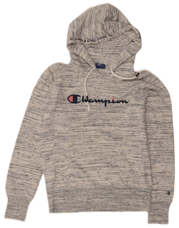 Jumper feminino com capuz gráfico Champion UK 10 pequeno algodão manchado cinza
