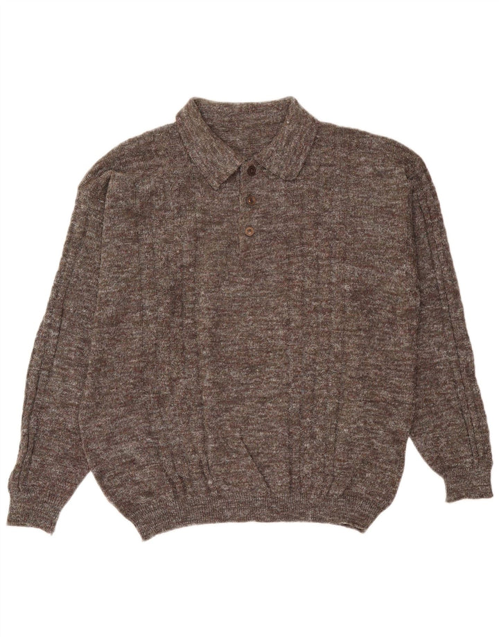 Suéter masculino vintage com gola polo grande cinza manchado