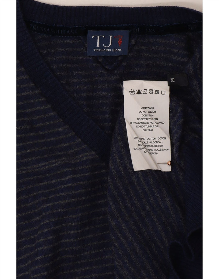 TRUSSARDI JEANS Suéter masculino com gola V e algodão listrado azul médio