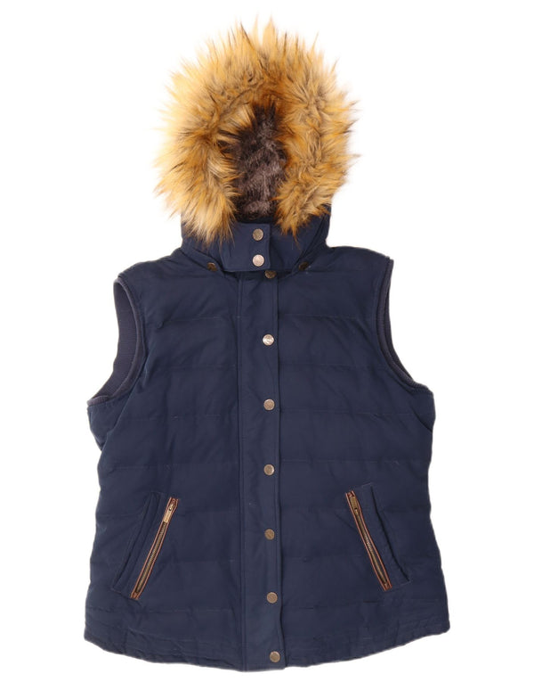 Gilet acolchoado com capuz feminino Fat Face UK 14 grande poliéster azul marinho