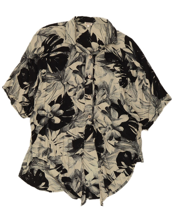 Blusa feminina vintage de manga curta UK 14 viscose floral preta média