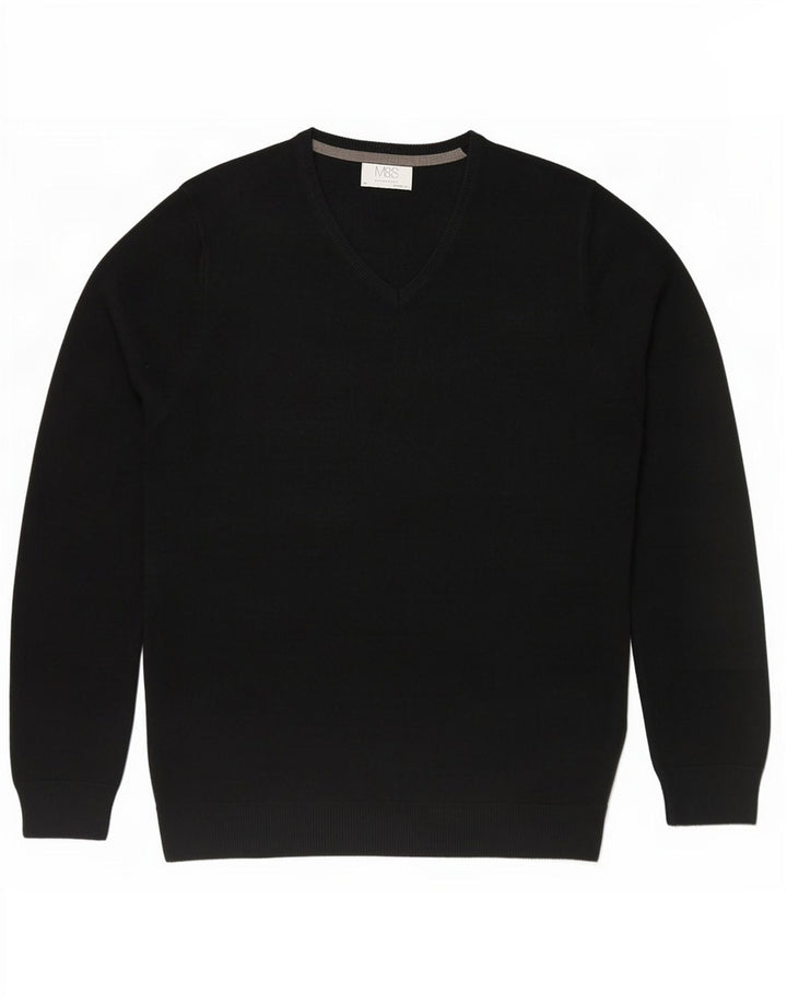 Suéter masculino Marks & Spencer com ajuste regular e decote em V, acrílico preto médio