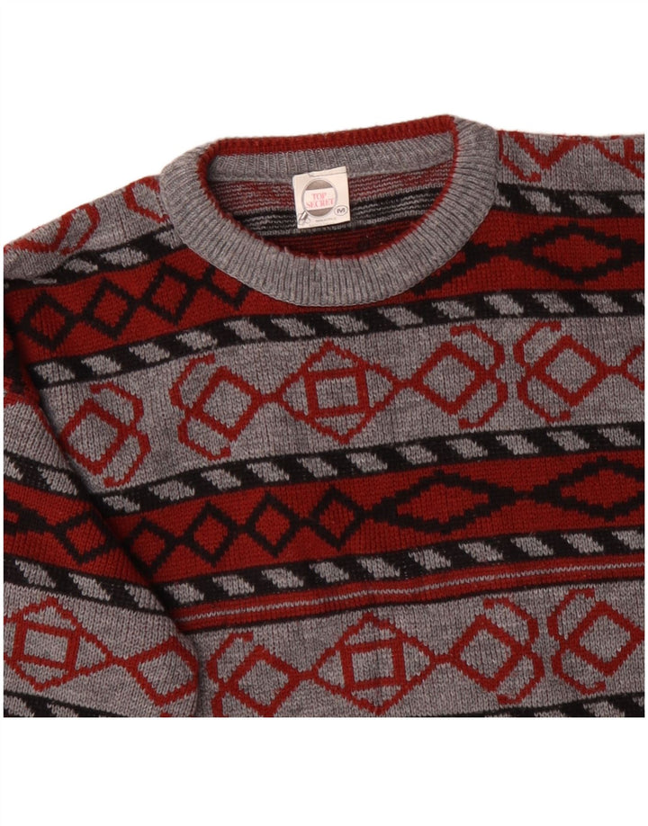 Suéter masculino VINTAGE com gola redonda e acrílico geométrico cinza médio
