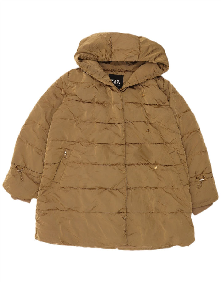 Jaqueta feminina acolchoada com capuz e capuz Zara UK 14 médio cáqui poliamida