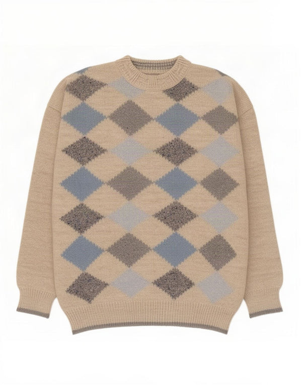 Suéter vintage masculino com gola redonda XL bege Argyle/Diamond Alpaca Wool