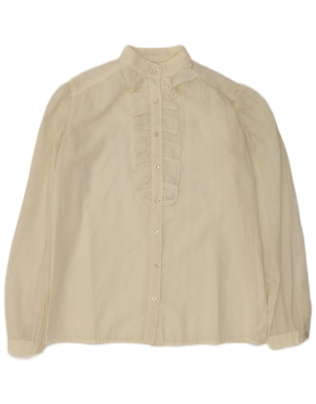 Blusa feminina VINTAGE com babados na frente Reino Unido 16 grande listrada branca