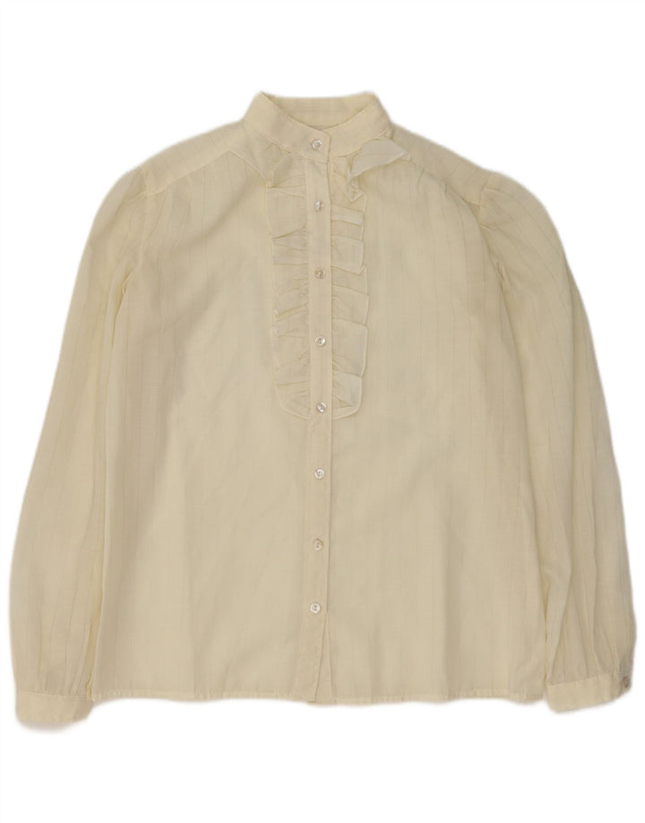 Blusa feminina VINTAGE com babados na frente Reino Unido 16 grande listrada branca