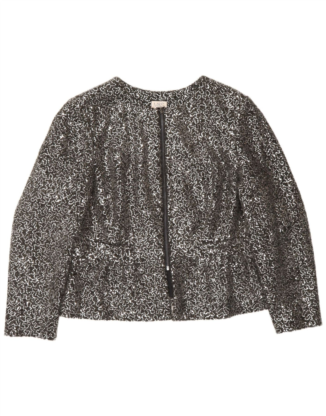 Jaqueta blazer feminina Marks & Spencer com zíper completo e lantejoulas Reino Unido 14 médio prateado