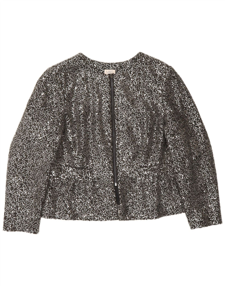 Jaqueta blazer feminina Marks & Spencer com zíper completo e lantejoulas Reino Unido 14 médio prateado