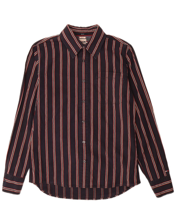 Camisa masculina Tommy Hilfiger Graphic Slim Fit pequena listrada azul marinho de algodão