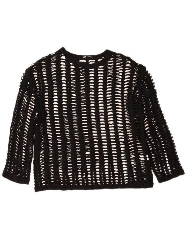 Top feminino Zara de manga comprida em crochê transparente Reino Unido 16 acrílico preto grande