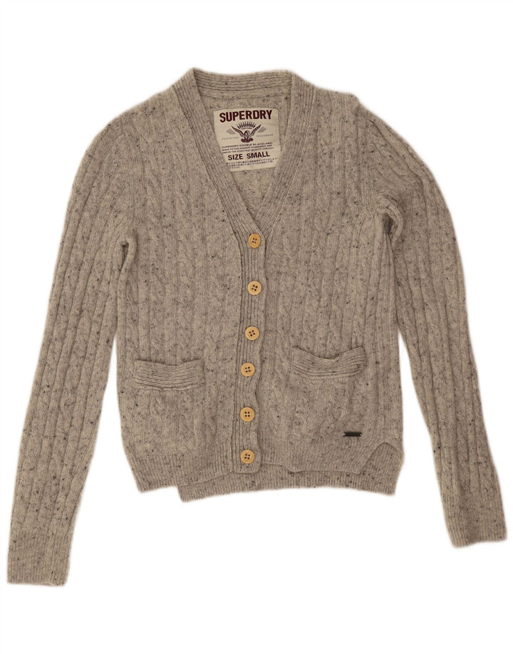 Suéter cardigã superdimensionado feminino Superdry Reino Unido 10 lã manchada cinza pequena