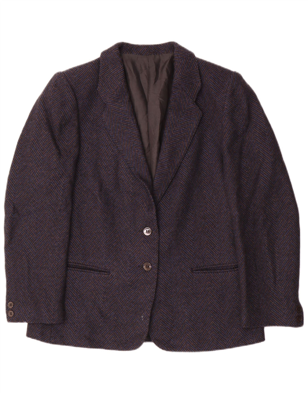 Jaqueta blazer feminina vintage com 2 botões Reino Unido 14 lã chevron azul marinho médio