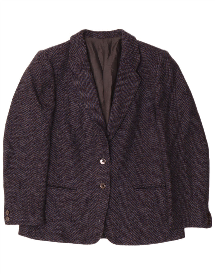 Jaqueta blazer feminina vintage com 2 botões Reino Unido 14 lã chevron azul marinho médio