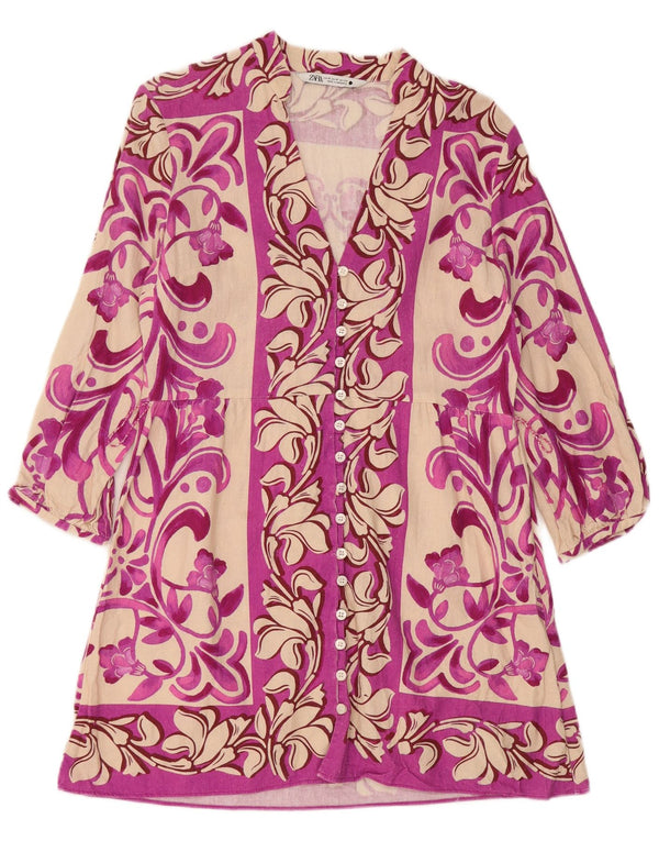 Vestido camisa feminino Zara manga 3/4 Reino Unido 12 linho floral rosa médio