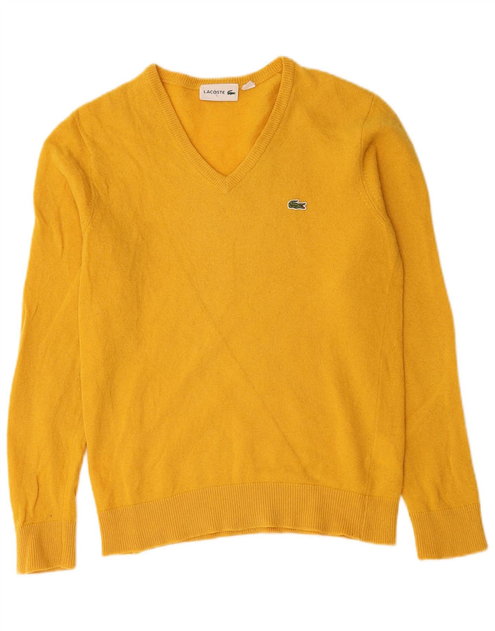 Suéter masculino Lacoste com decote em V tamanho 3 pequeno lã virgem amarela