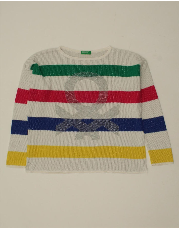BENETTON Girls Graphic Boat Neck Jumper Sweater 9-10 Years Multicoloured Vintage Benetton and Second-Hand Benetton from Messina Hembry 