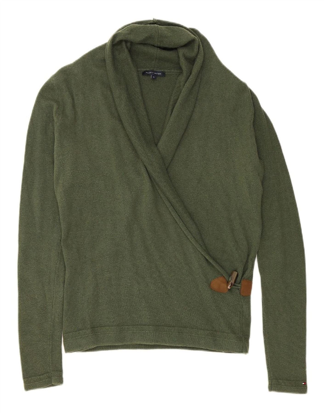 Suéter feminino TOMMY HILFIGER com gola xale Reino Unido 14 lã verde médio