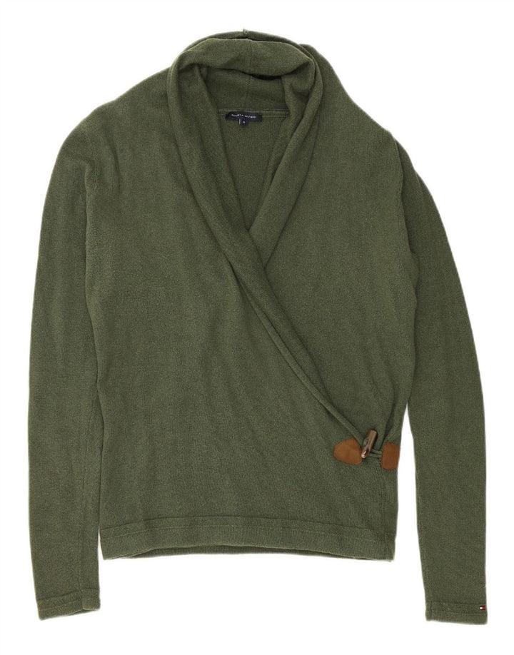 Suéter feminino TOMMY HILFIGER com gola xale Reino Unido 14 lã verde médio