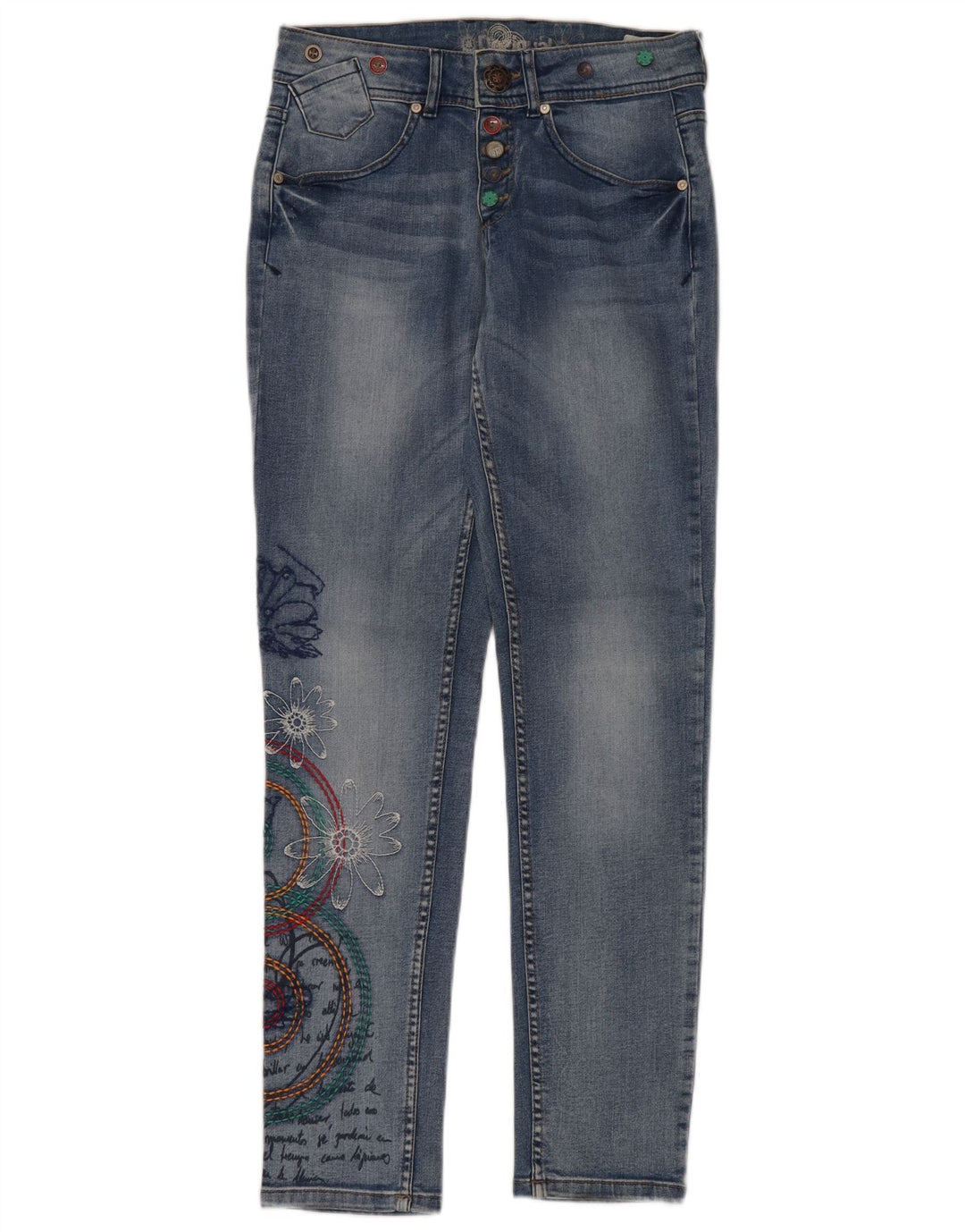 DESIGUAL Jeans feminino gráfico slim W24 L32 azul floral poliéster