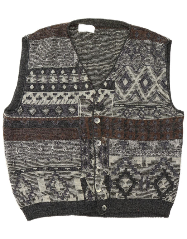Suéter cardigã masculino vintage sem mangas XL cinza geométrico