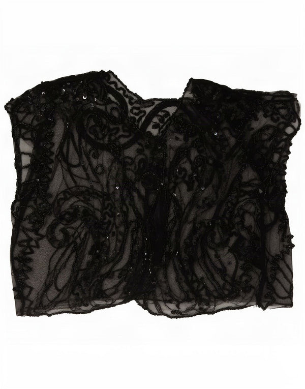 Top feminino vintage sem mangas transparente Reino Unido 8 pequeno preto Paisley