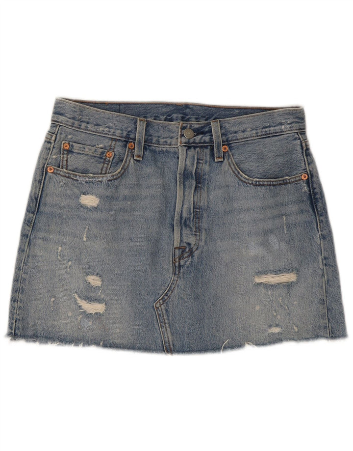 Mini saia jeans feminina Levi's desgastada W28 algodão azul médio