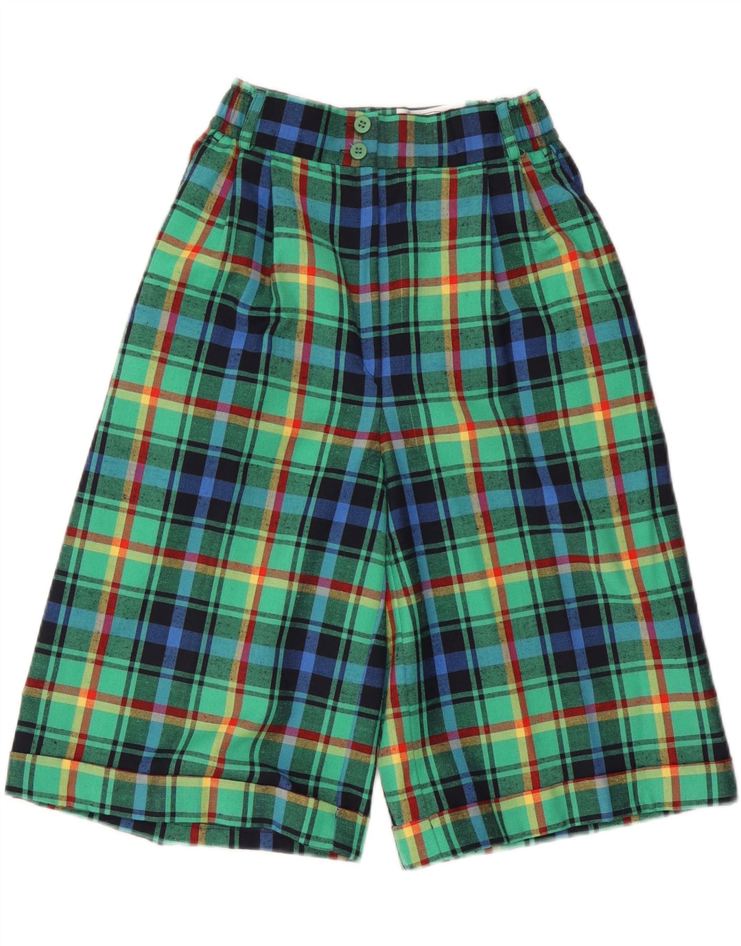 Bermuda feminina VINTAGE de cintura alta UK 10 pequena W24 verde xadrez