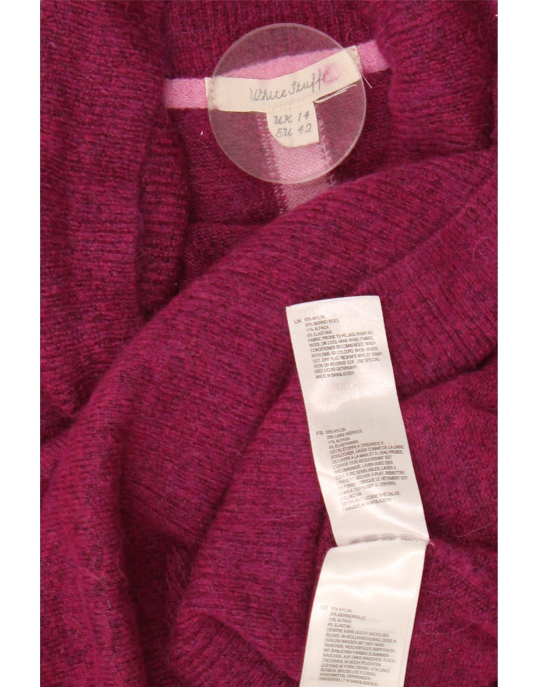 WHITE STUFF Suéter feminino com gola redonda Reino Unido 14 grande roxo manchado