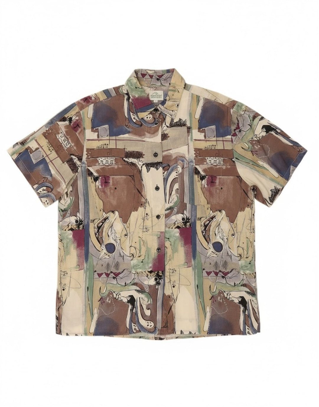 Camisa feminina vintage de manga curta com padrão abstrato grande multicolorida