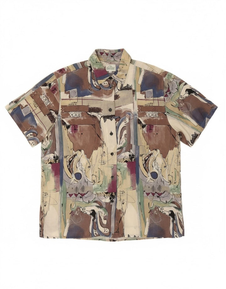 Camisa feminina vintage de manga curta com padrão abstrato grande multicolorida
