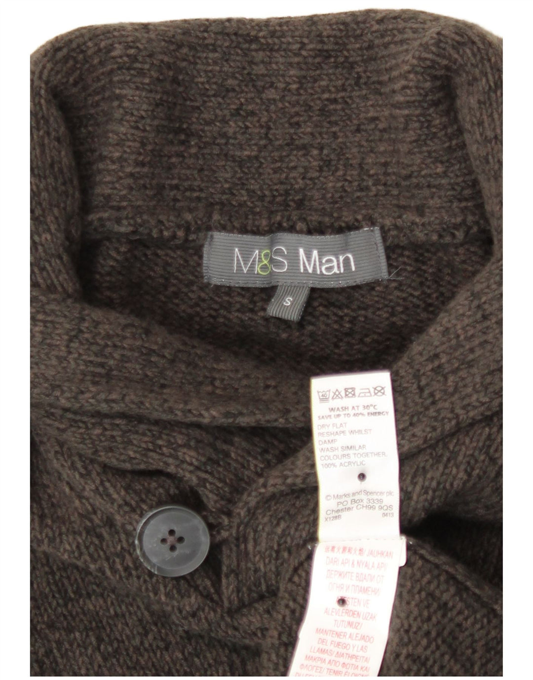 Suéter masculino Marks & Spencer com gola xale pequeno acrílico manchado marrom