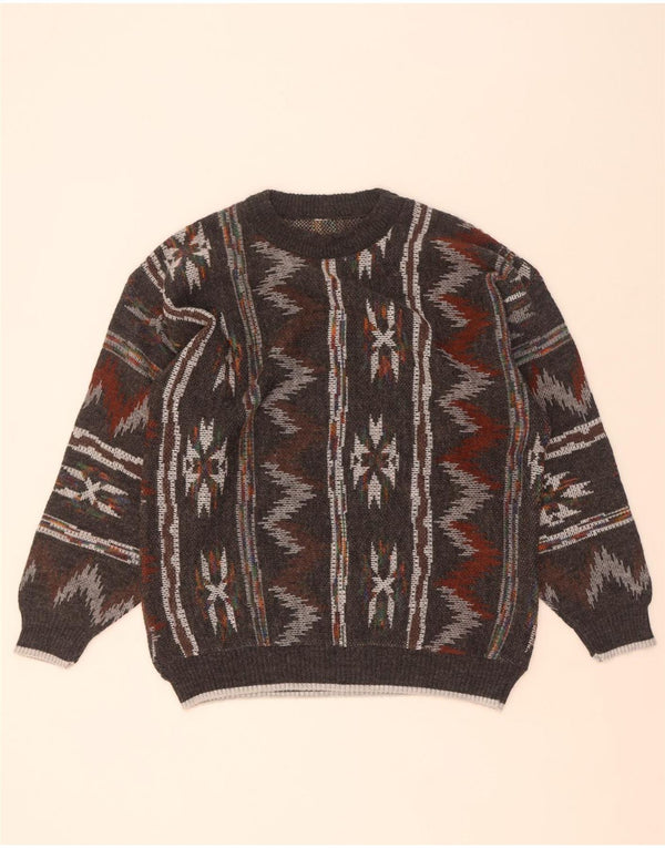 Suéter vintage masculino com gola redonda cinza médio geométrico