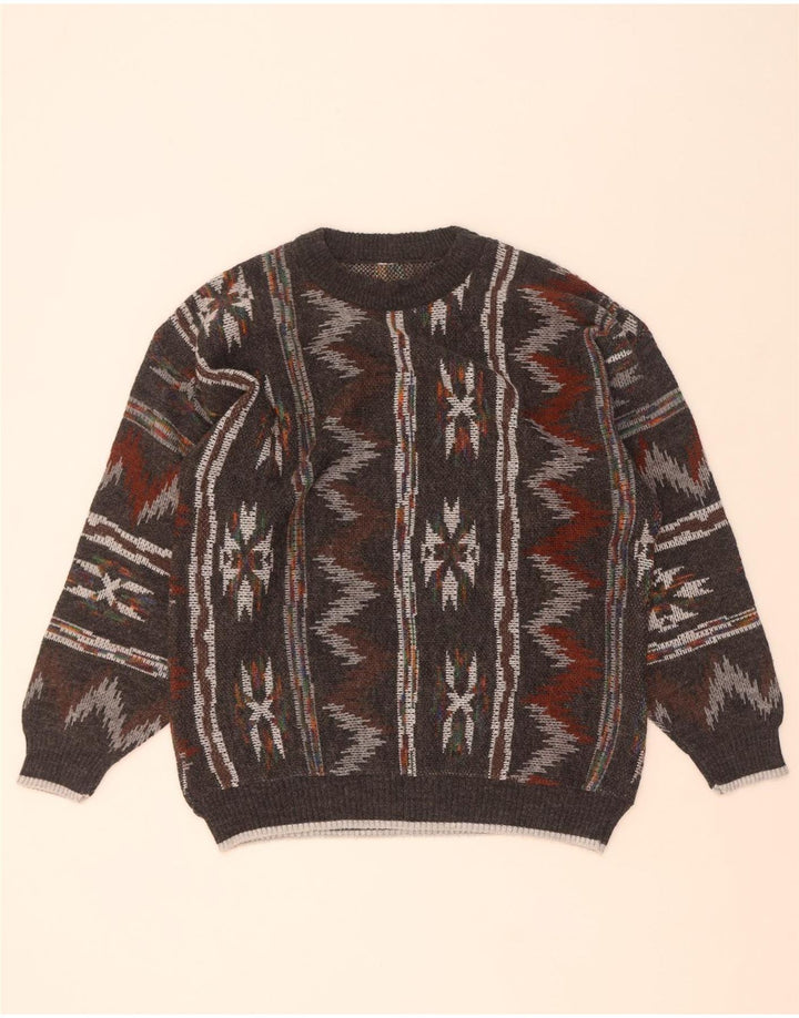 Suéter vintage masculino com gola redonda cinza médio geométrico
